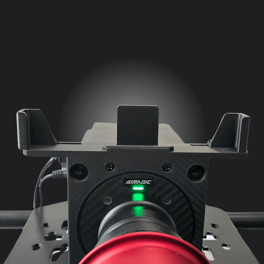 Simagic Phone Holder Dashboard mounted on a racing simulator with a green indicator light.