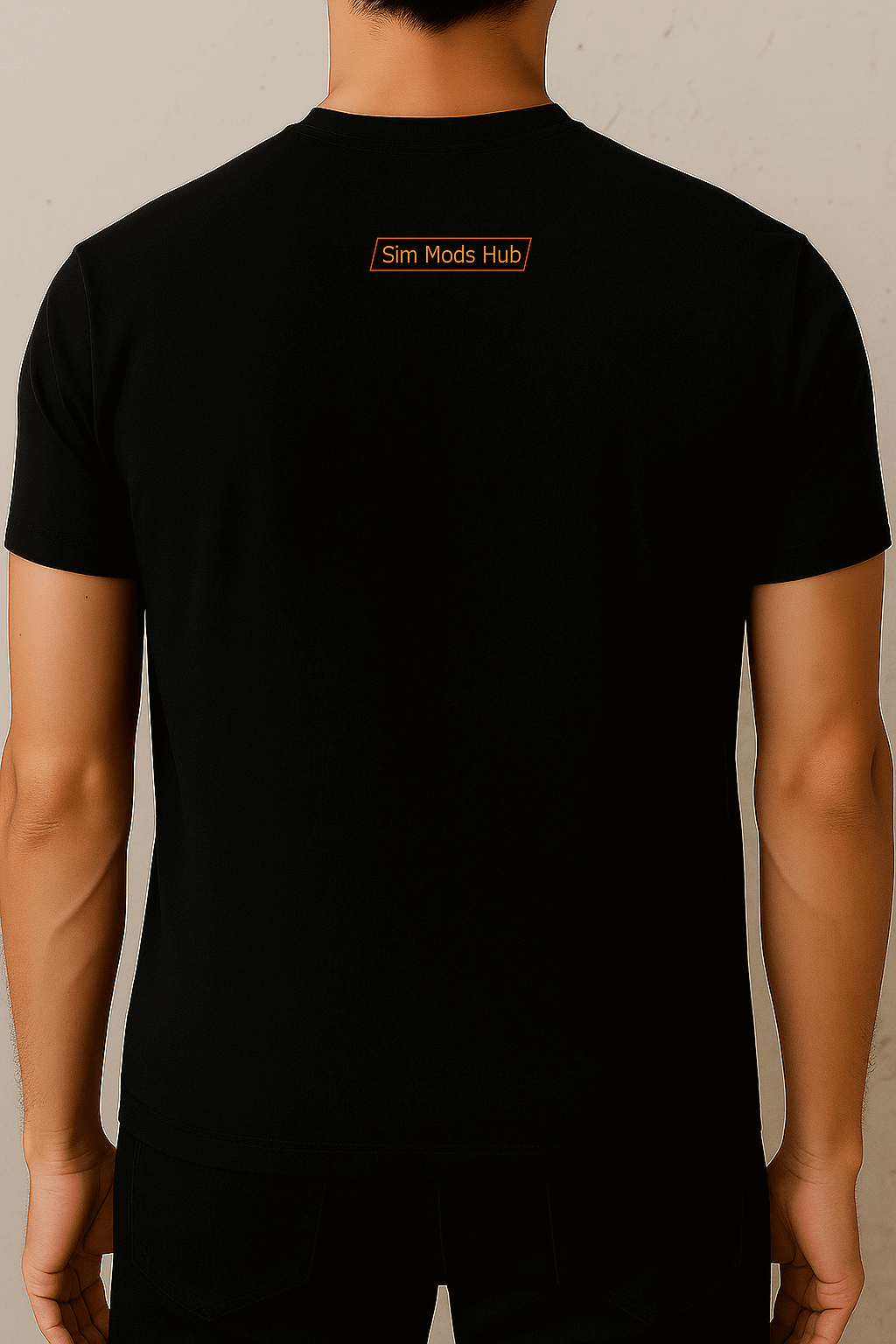 Back view of a black t-shirt featuring the 'Sim Mods Hub' logo, designed for sim racing enthusiasts.