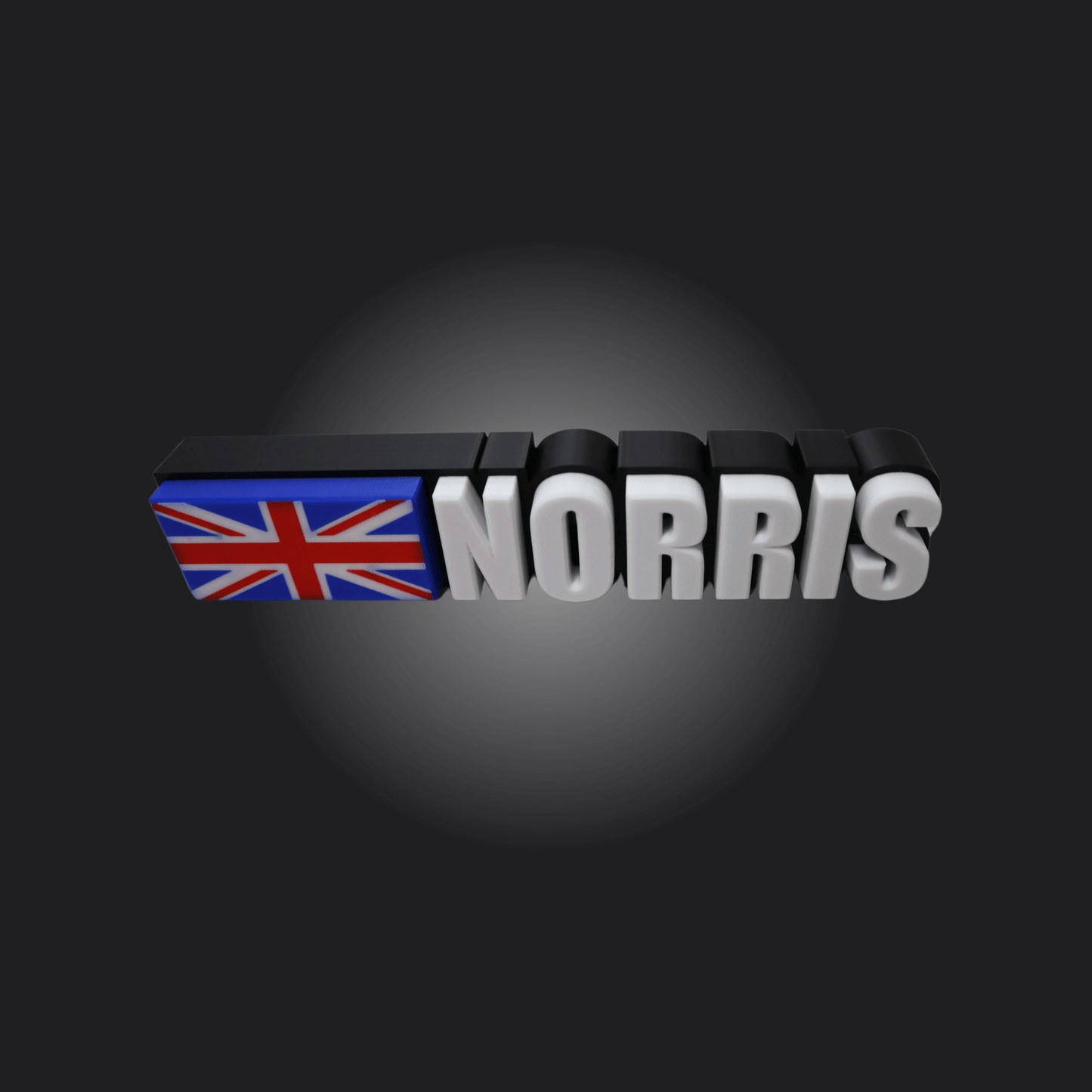 Customizable F1 Driver Name Plate featuring bold 3D lettering and the Union Jack flag for Lando Norris.
