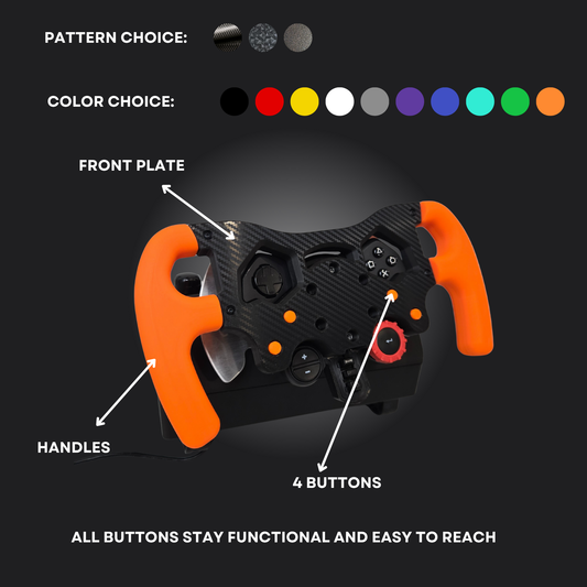 F1 Wheel for Logitech G29/G923/G920 highlighting customizable patterns, color choices, buttons, and ergonomic handles.