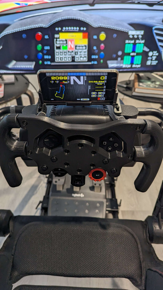 Dashboard Phone Holder Mod for Logitech G29, G923, G920, and G27 Racing Wheels with smartphone displaying race data.