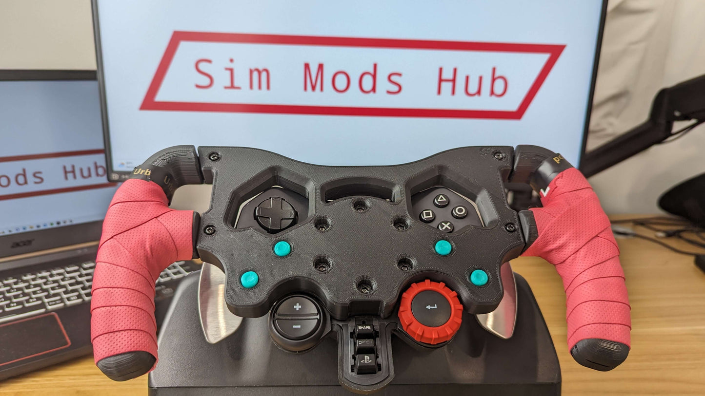 Handle Grips x2 for Sim Racing Wheels with pink grips on a steering wheel controller, displayed on a desk.