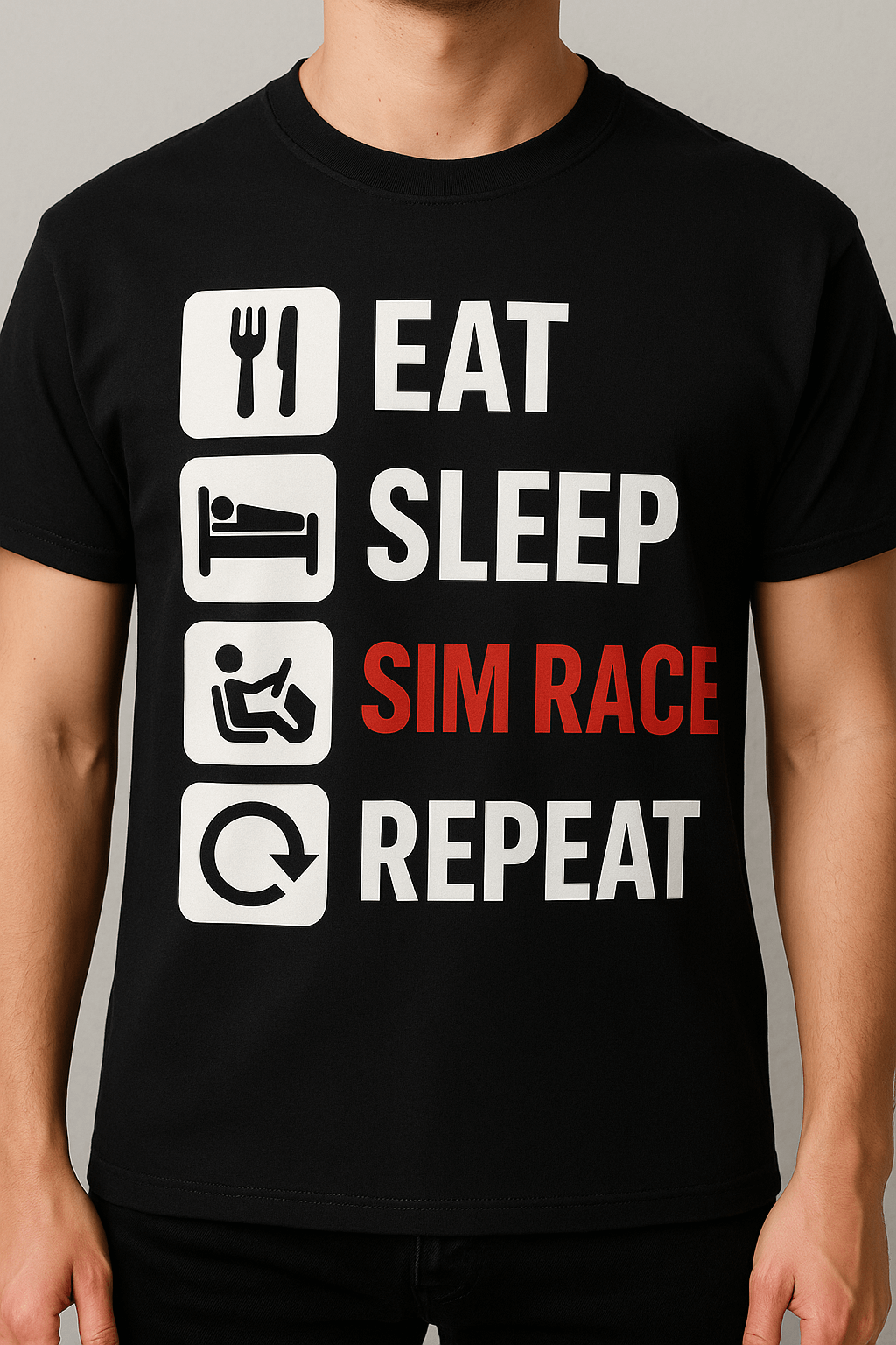 Black sim racing t-shirt featuring the slogan 'Eat, Sleep, SIM RACE, Repeat' in bold graphics.