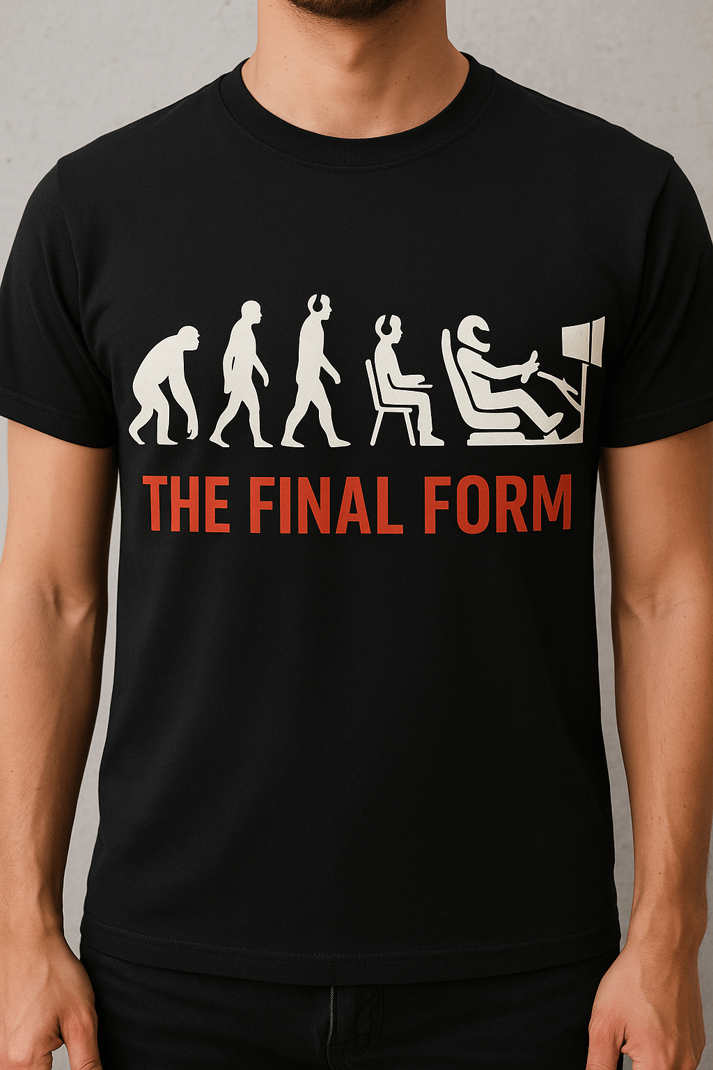 Final Form Sim Racing T-Shirt featuring evolution design of a sim racer in full setup, great for casual wear.