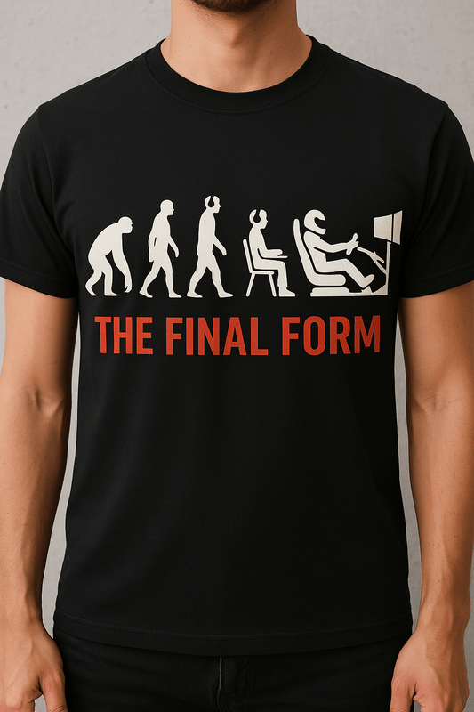 Final Form Sim Racing T-Shirt featuring evolution design of a sim racer in full setup, great for casual wear.
