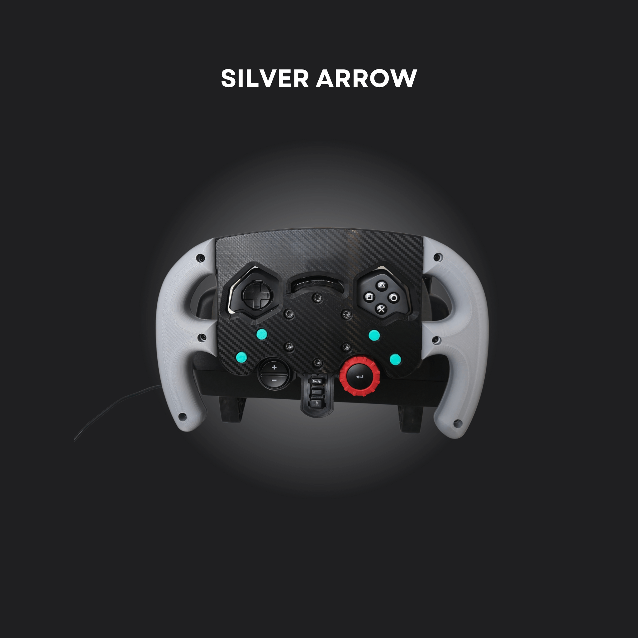 F1 racing wheel named Silver Arrow with a sleek design and multiple control buttons for an immersive driving experience.
