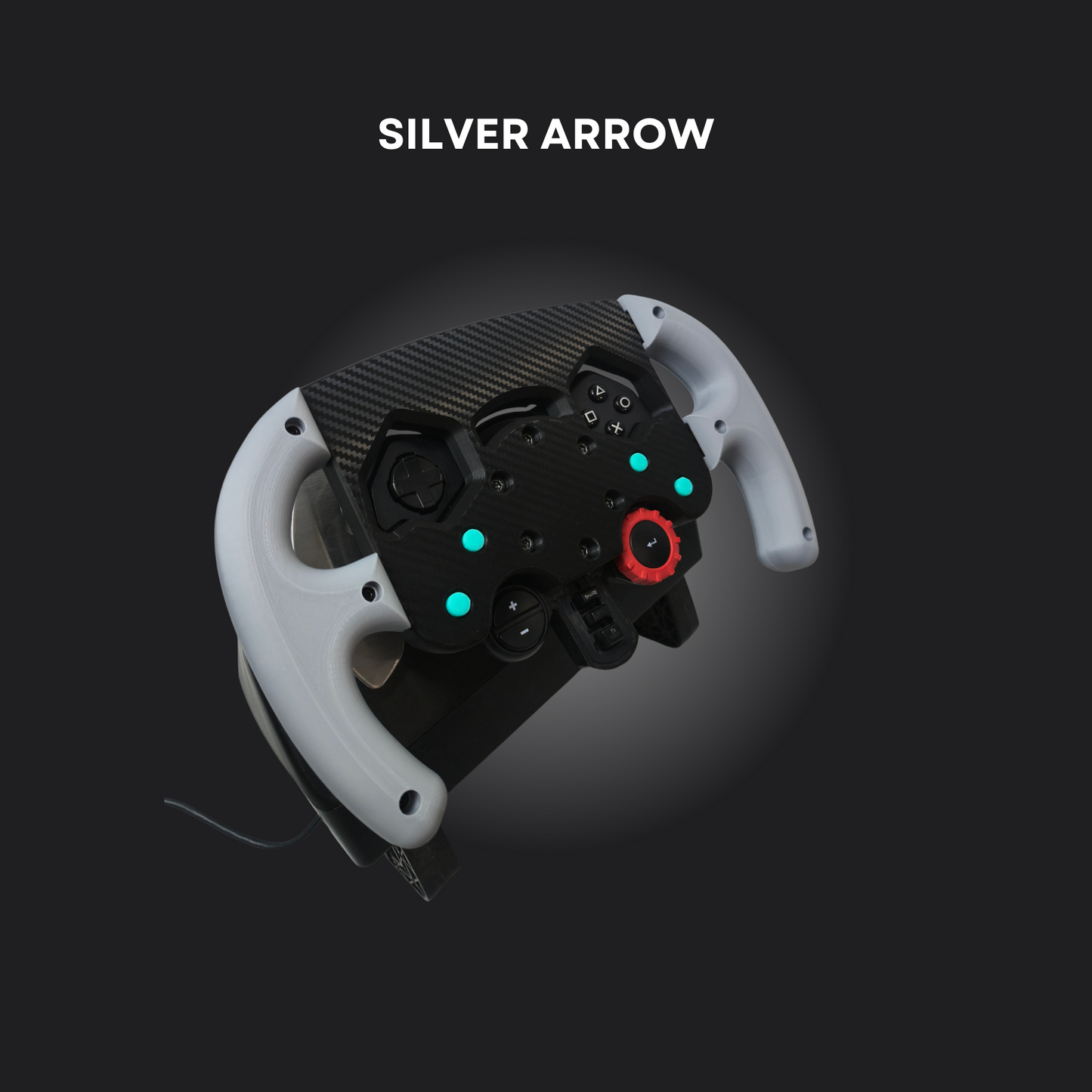 F1 wheel mod named Silver Arrow featuring a carbon fiber design and distinctive button layout.