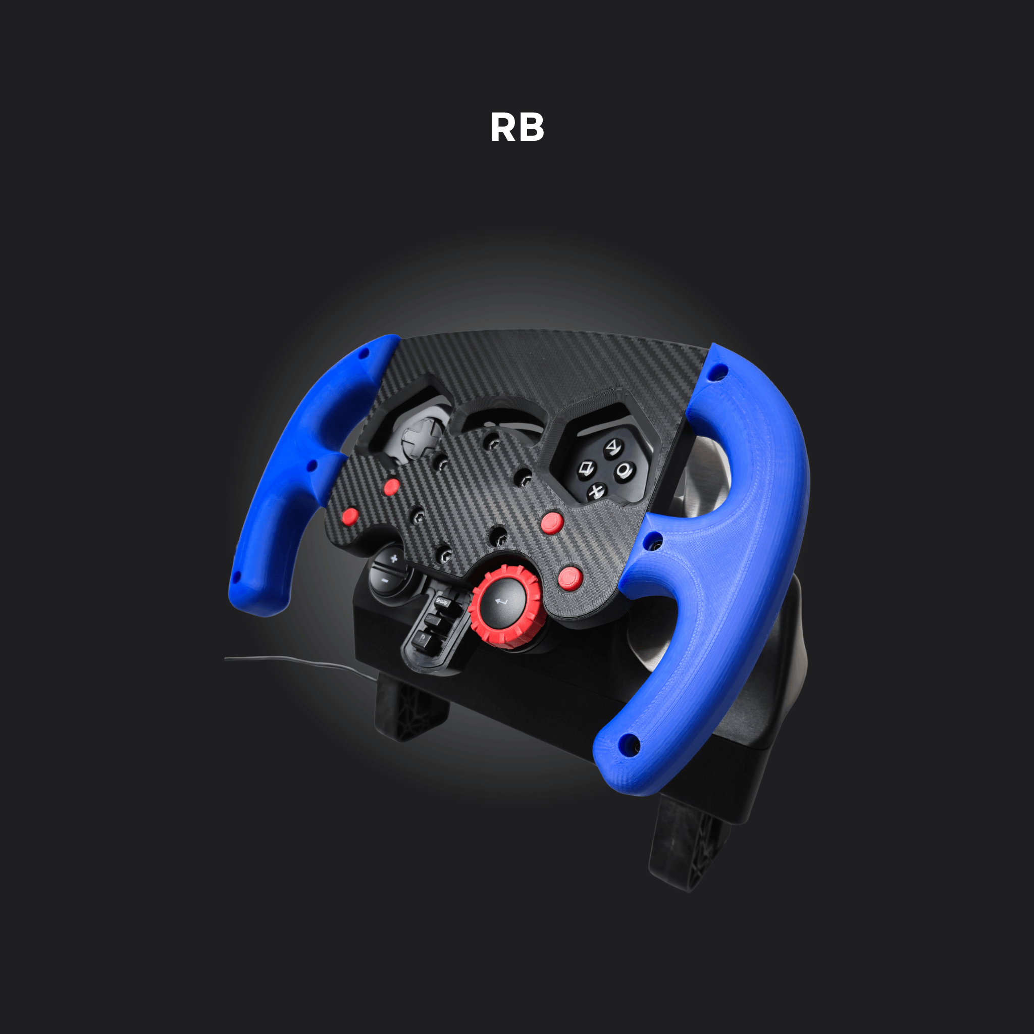 Close-up of F1 mod steering wheel for Logitech G29/G923/G920 in blue and black with buttons and controls.