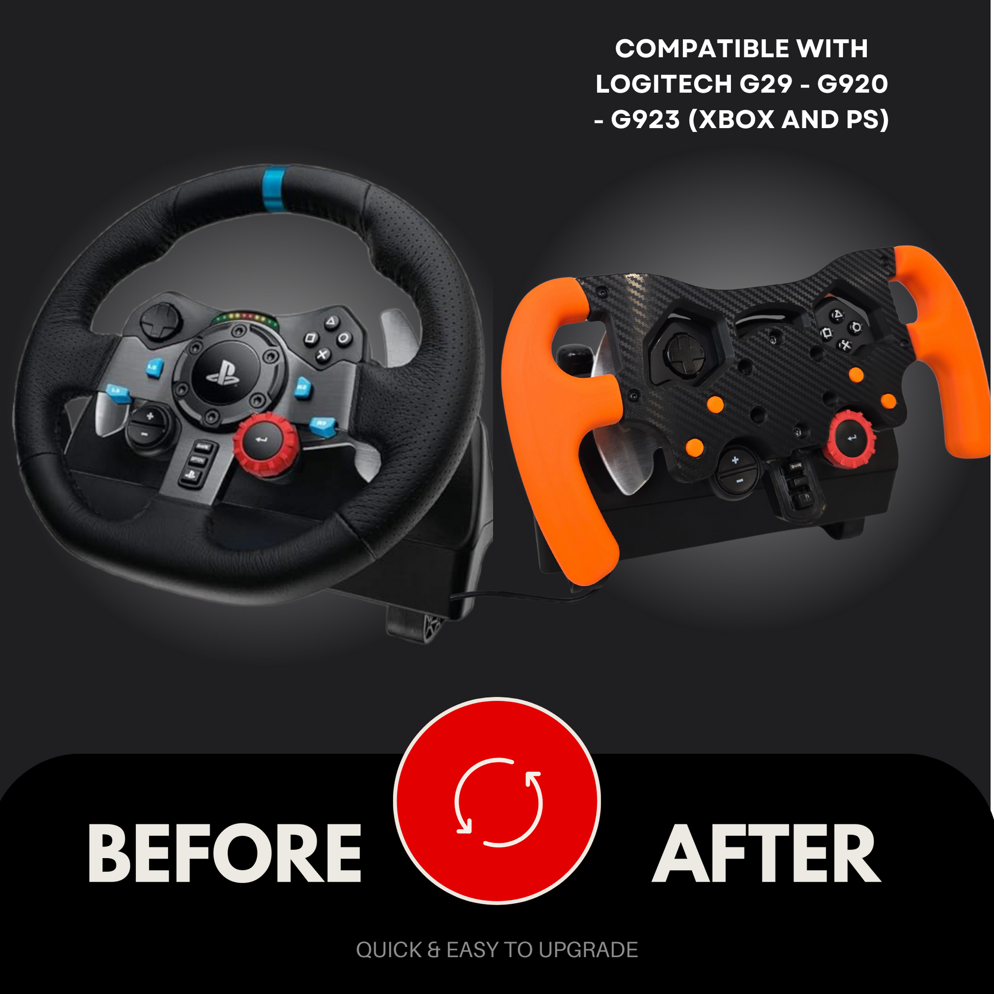 Comparison of Logitech G29/G920 wheel before and after upgrading to F1 Wheel Mod for enhanced sim racing experience.