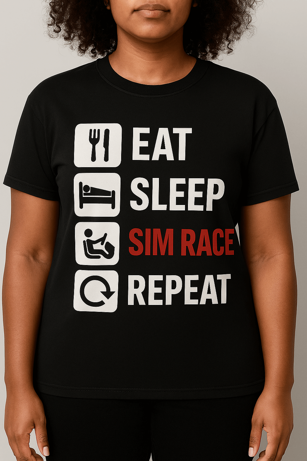 Eat Sleep Sim Race Repeat T-Shirt featuring bold graphic design on a black background, ideal for sim racing fans.
