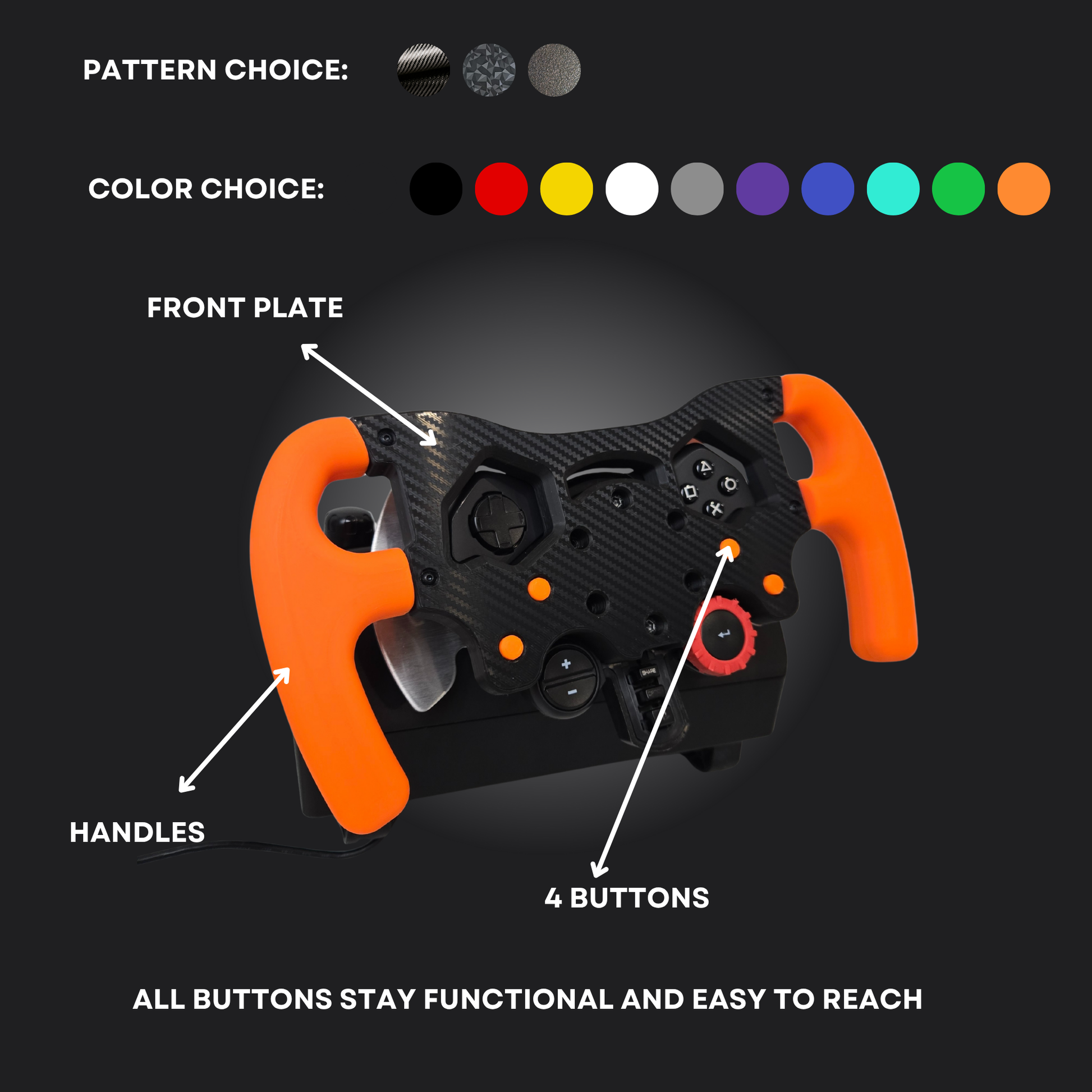 F1 Wheel for Logitech G29/G923/G920 highlighting customizable patterns, color choices, buttons, and ergonomic handles.