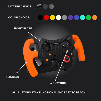 F1 Wheel for Logitech G29/G923/G920 highlighting customizable patterns, color choices, buttons, and ergonomic handles.