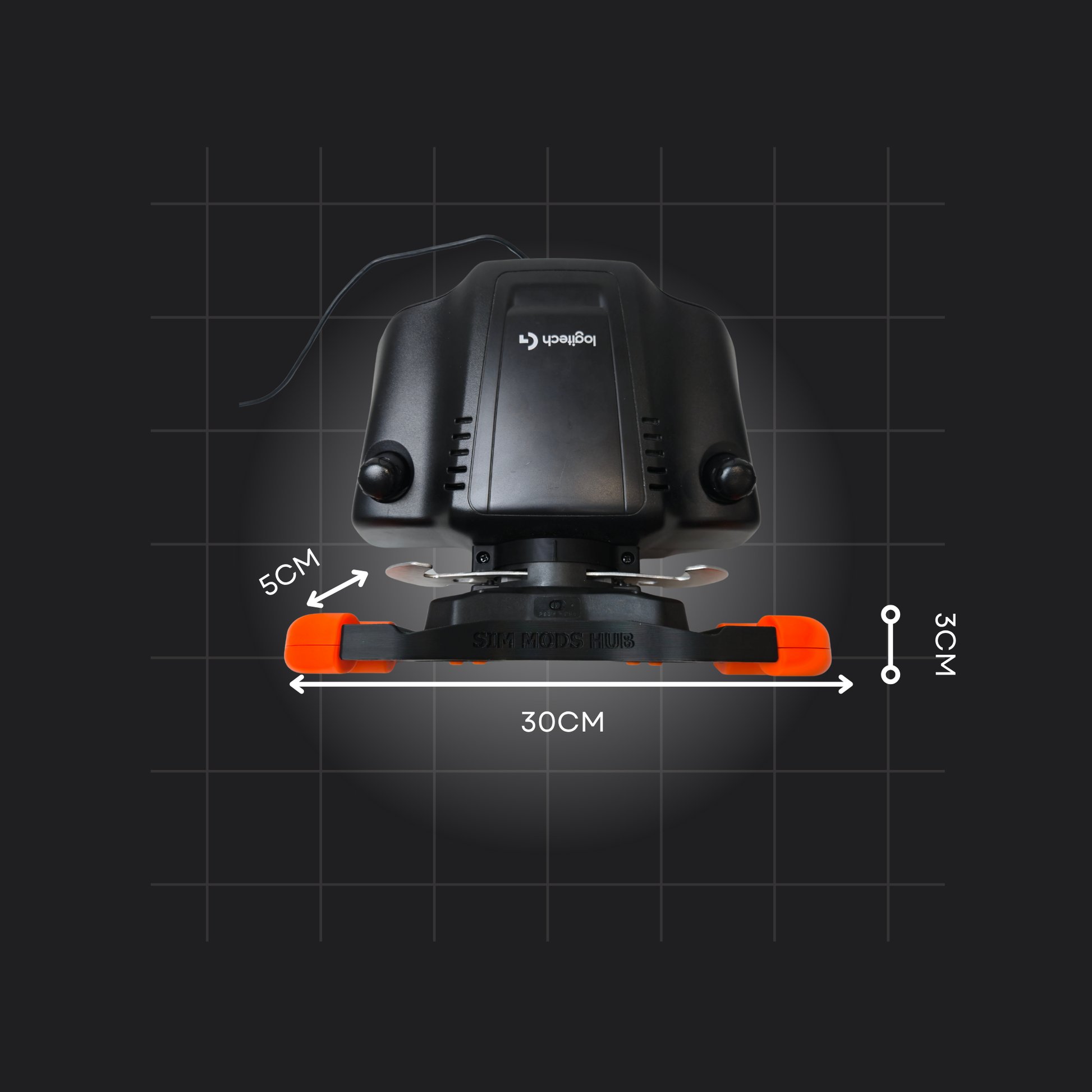 F1 Wheel for Logitech G29/G923/G920 showing dimensions and design features on a black background.