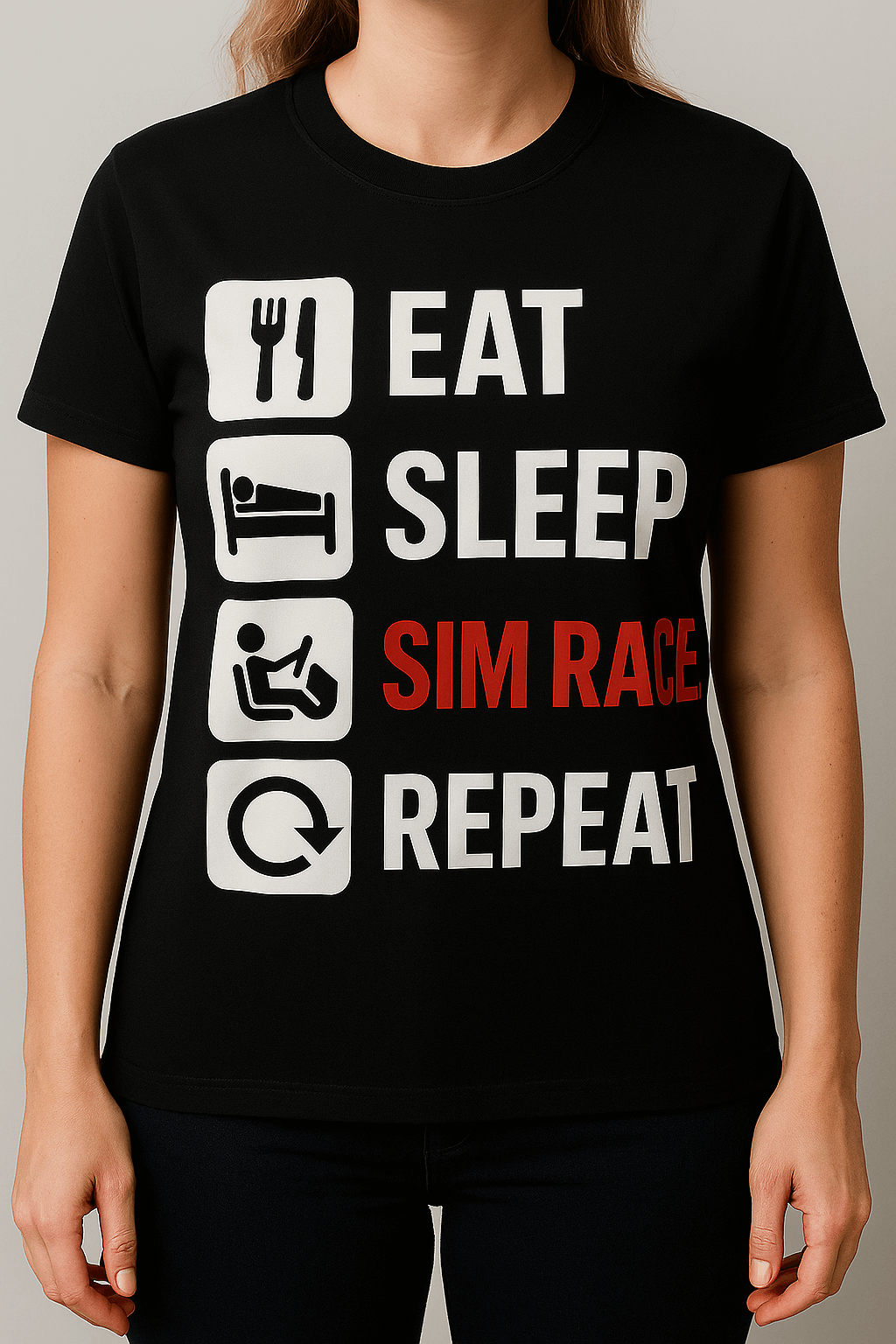 Eat Sleep Sim Race Repeat T-Shirt featuring bold text design on a black shirt, ideal for sim racing fans.
