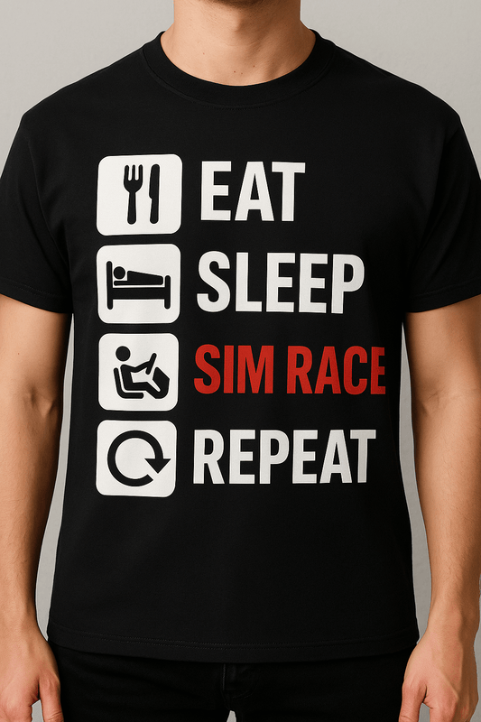 Eat Sleep Sim Race Repeat T-Shirt featuring bold design on a black shirt, perfect for sim racing enthusiasts.