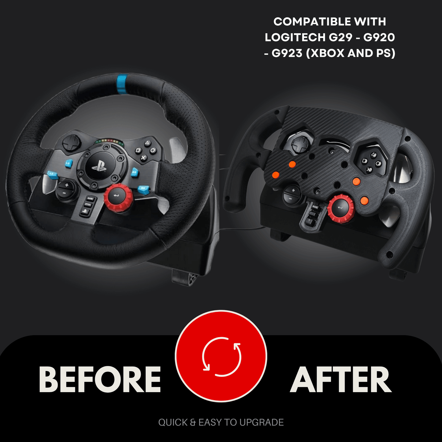 Before and after comparison of SF F1 Mod for Logitech G29/G920/G923, showcasing upgraded wheel features for better racing.