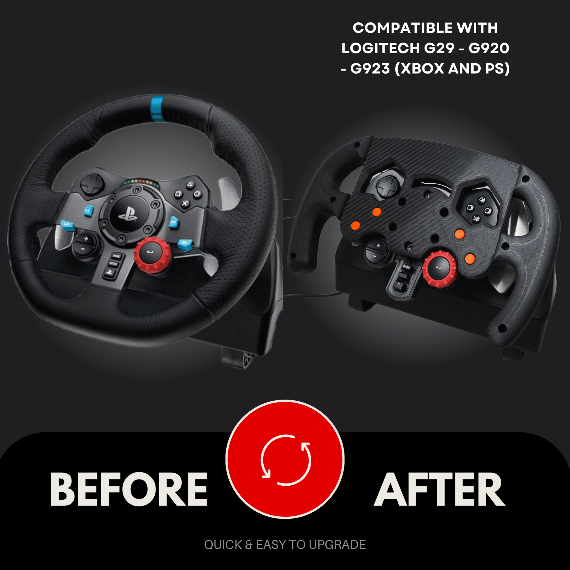 Before and after comparison of SF F1 Mod for Logitech G29/G920/G923, showcasing upgraded wheel features for better racing.