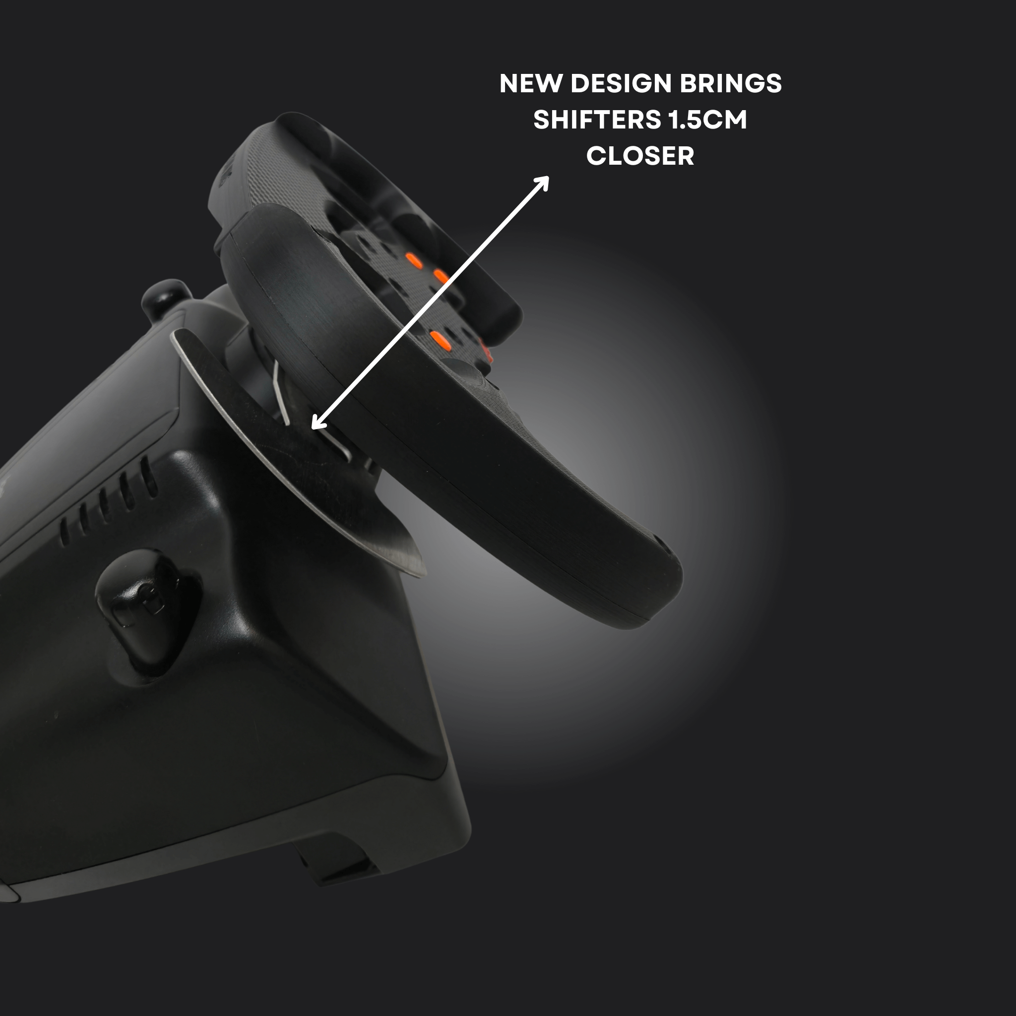 Close-up of SF F1 Mod for Logitech G29/G923/G920, highlighting shifters positioned 1.5cm closer for enhanced control.