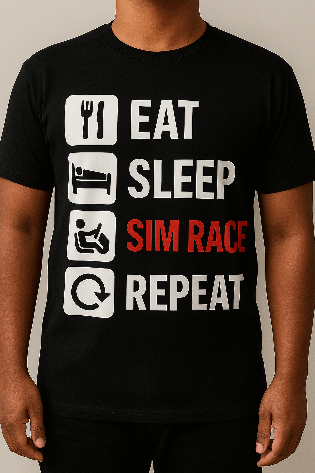 Eat Sleep Sim Race Repeat T-Shirt showcases a bold graphic design, perfect for sim racing fans.