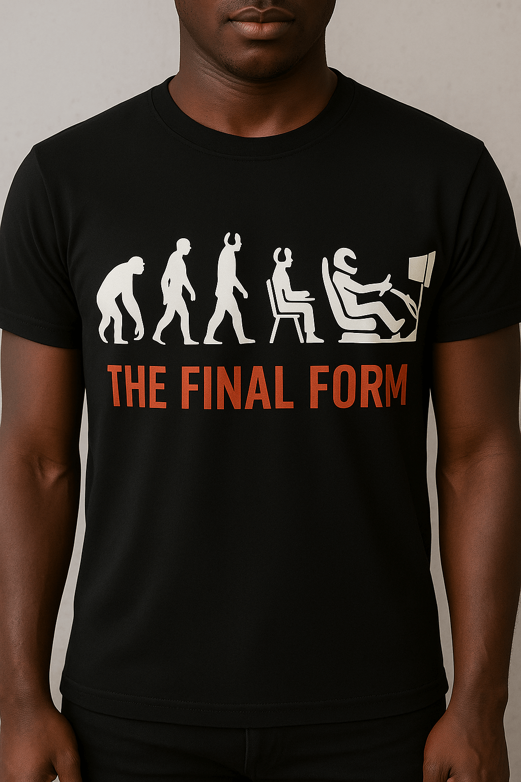 Final Form Sim Racing T-Shirt featuring evolution graphic and bold text, ideal for sim racing enthusiasts.