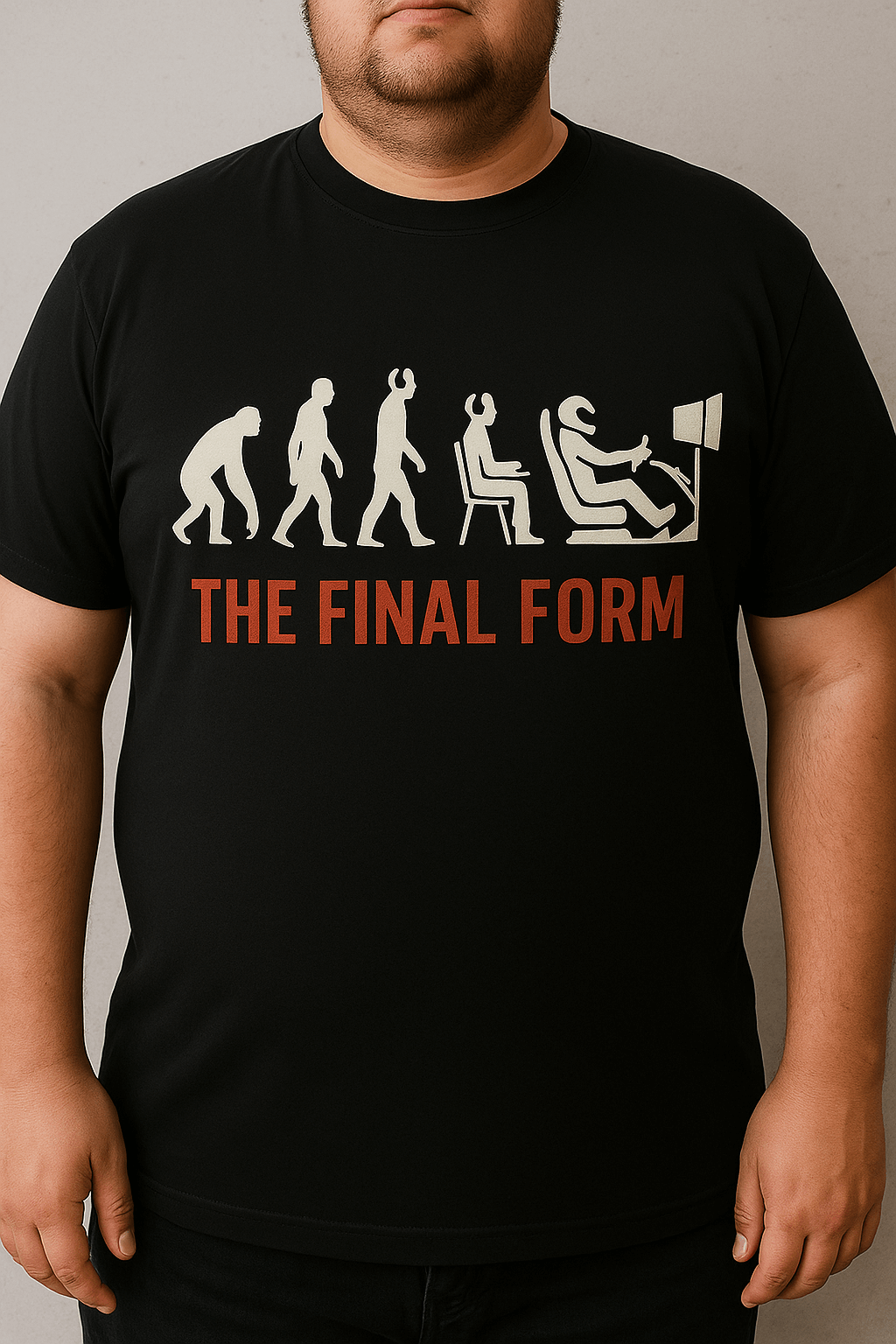 Final Form Sim Racing T-Shirt featuring evolution design with sim racer setup on a black background.